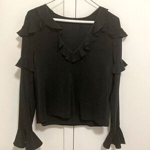 Alexis Silk Long Sleeve Ruffled Black Blouse. Size XS.